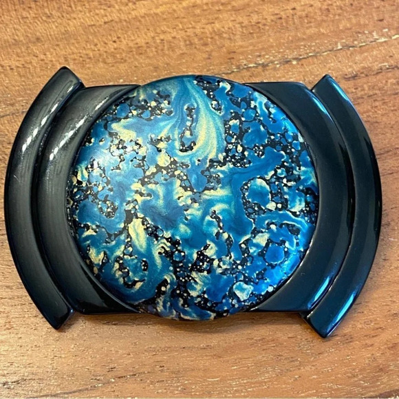 Authentic 80s Blue and Gold Swirl Marbled Statement Brooch Plastic  Art Deco - Picture 8 of 8